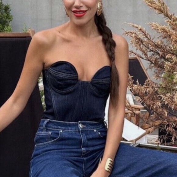 NWT Zara strapless corset bustier dark blue denim top Medium & Large - Picture 1 of 10